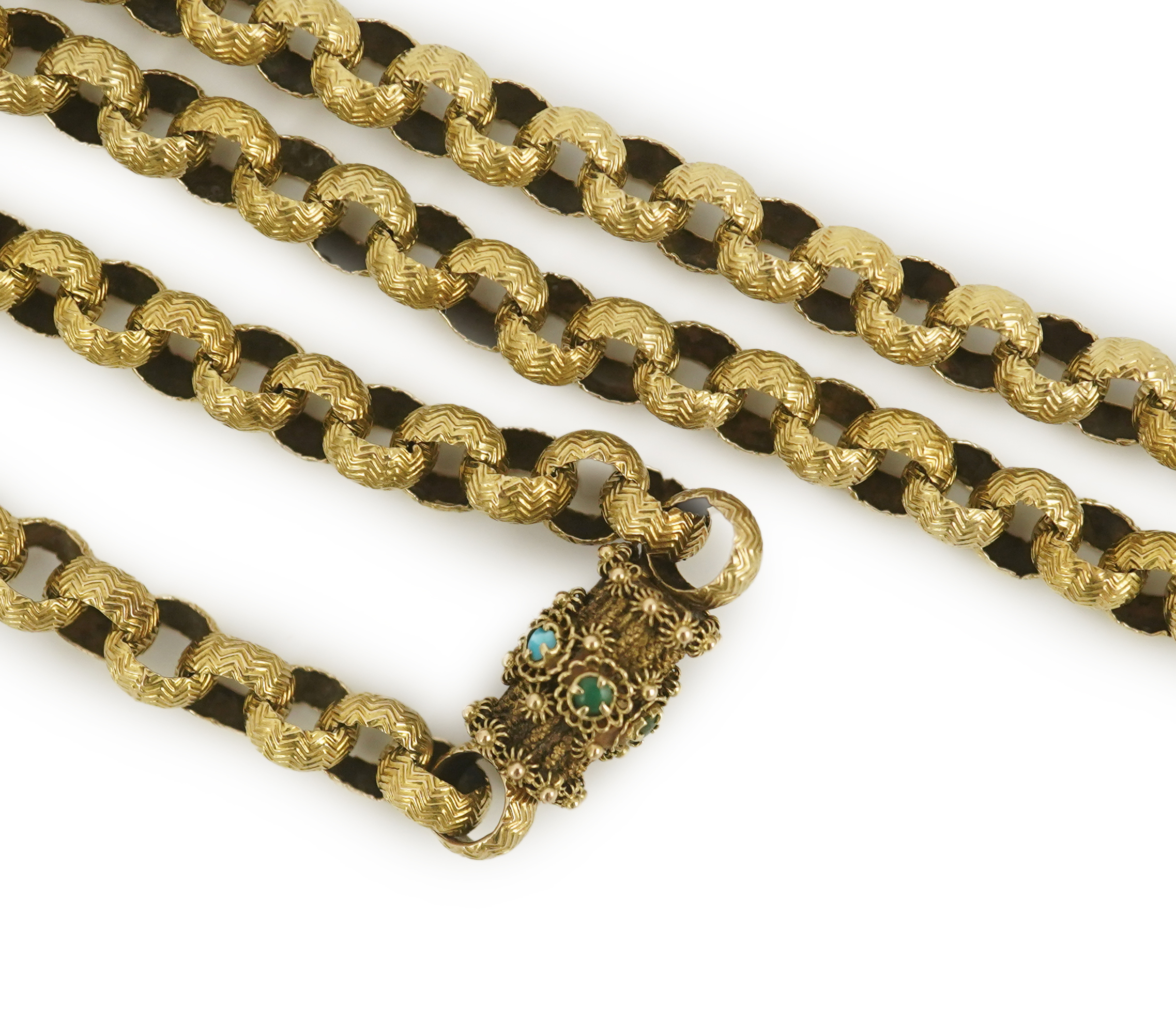 A Georgian gold textured circular link muff chain, with turquoise cluster set barrel shaped clasp